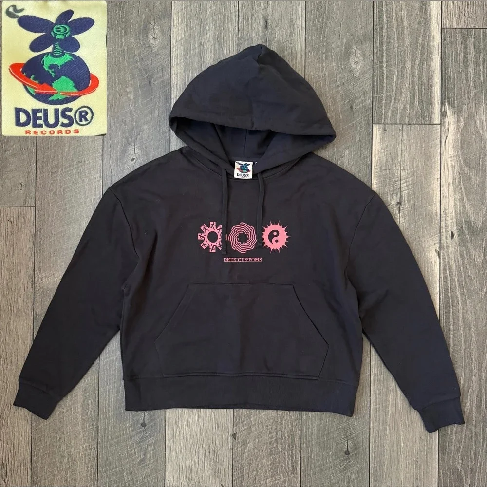 Deus Ex Machina Deus Records Mens Black Pink Graphic Hoodie Size 8 Large